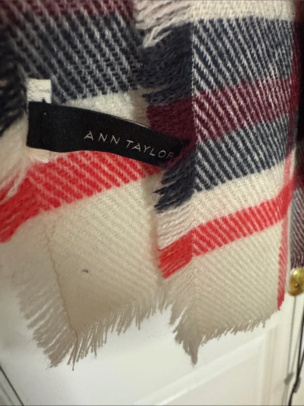 Ann Taylor Cozy Plaid Fringe blanket Scarf - Cream, Red & Navy